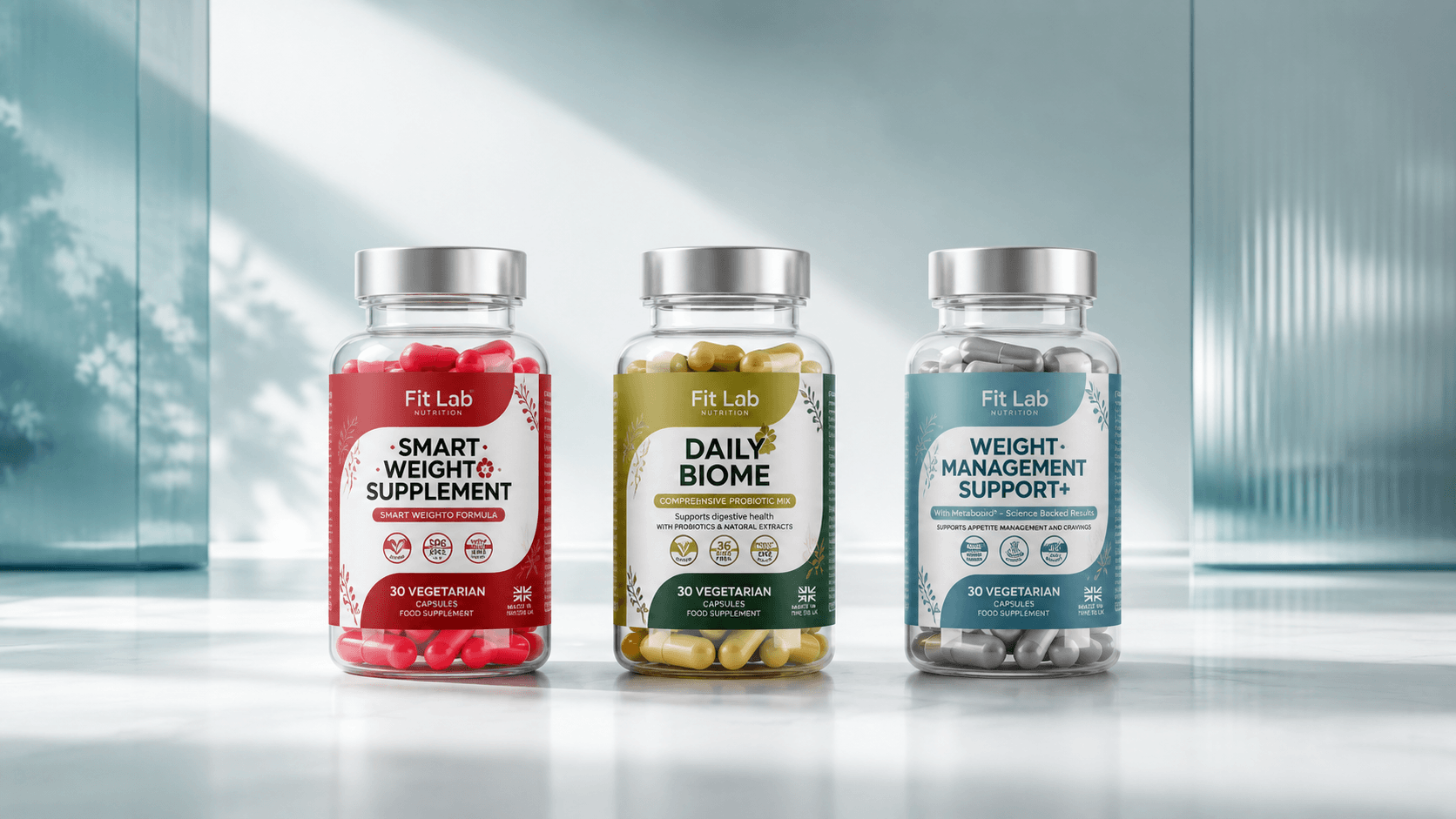 The three Fitlab Nutrition supplement bottles on a soft white surface